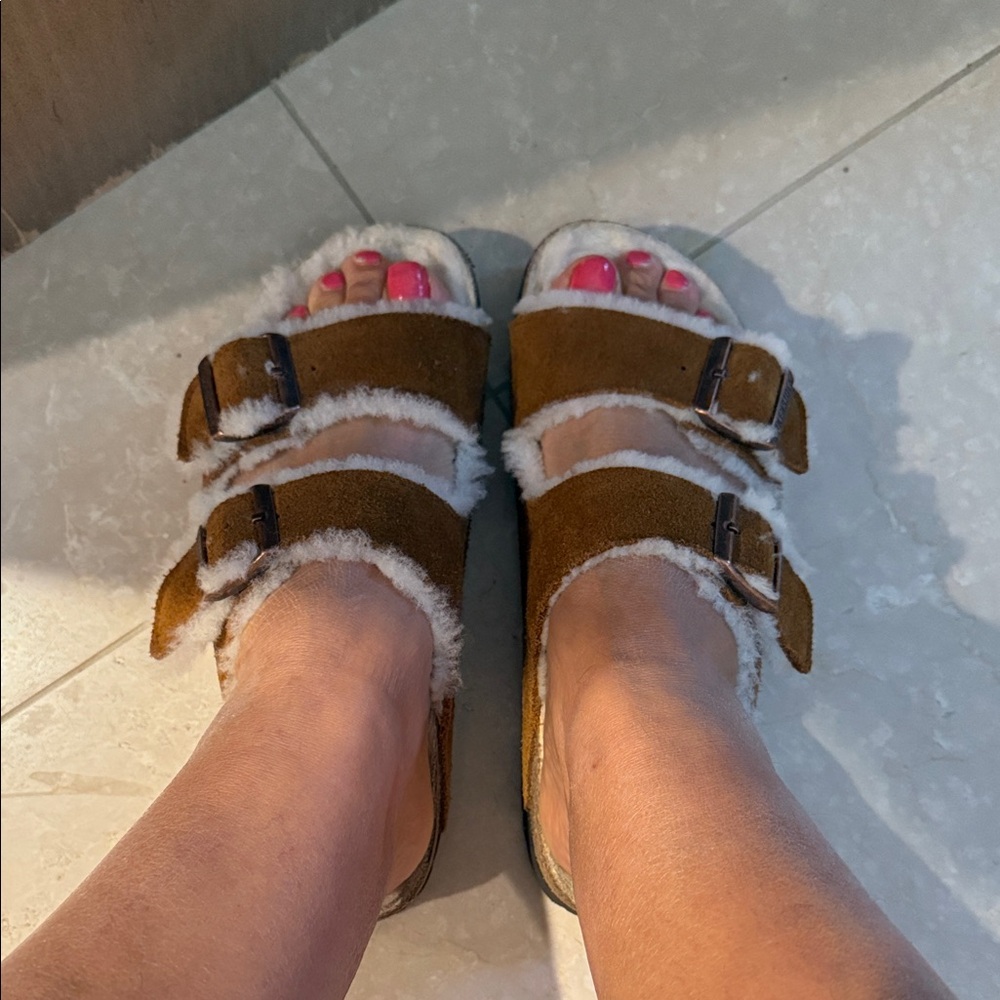 Birkenstock Tan Shearling-Lined Slippers